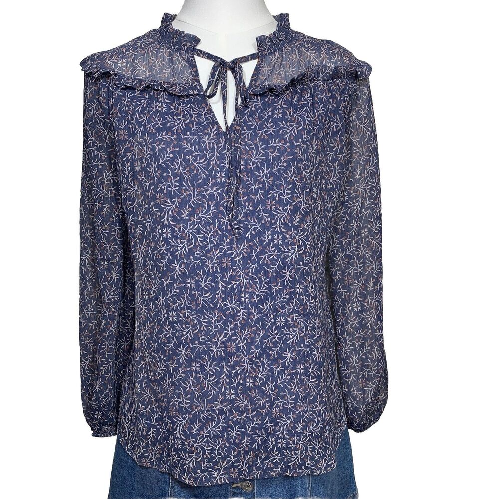 West K Floral Ruffle Blouse Womens Small Blue Long Sleeve Tie Neck TU42125-B‎